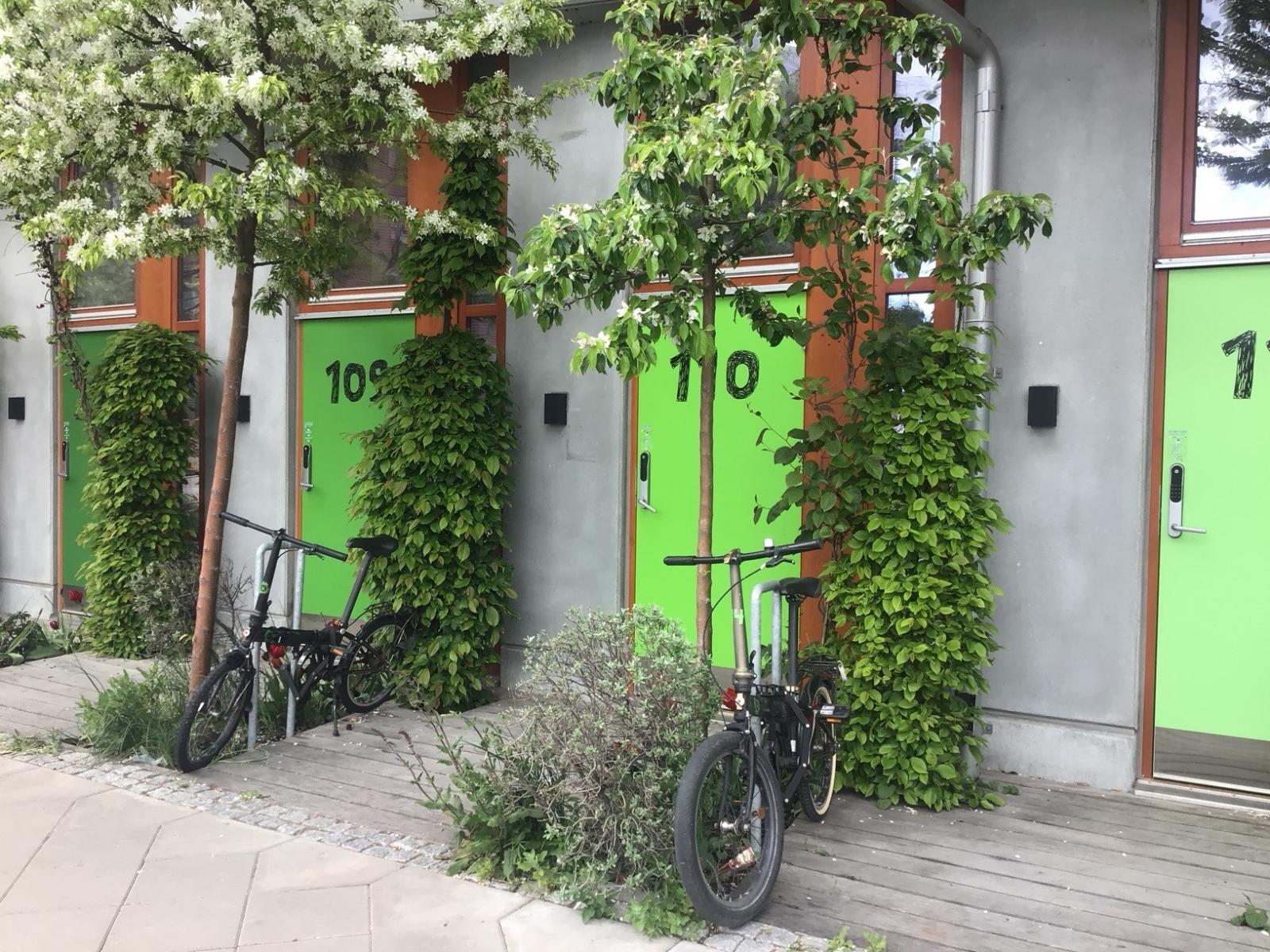 Bikes outside homes in Malmo, Sweden