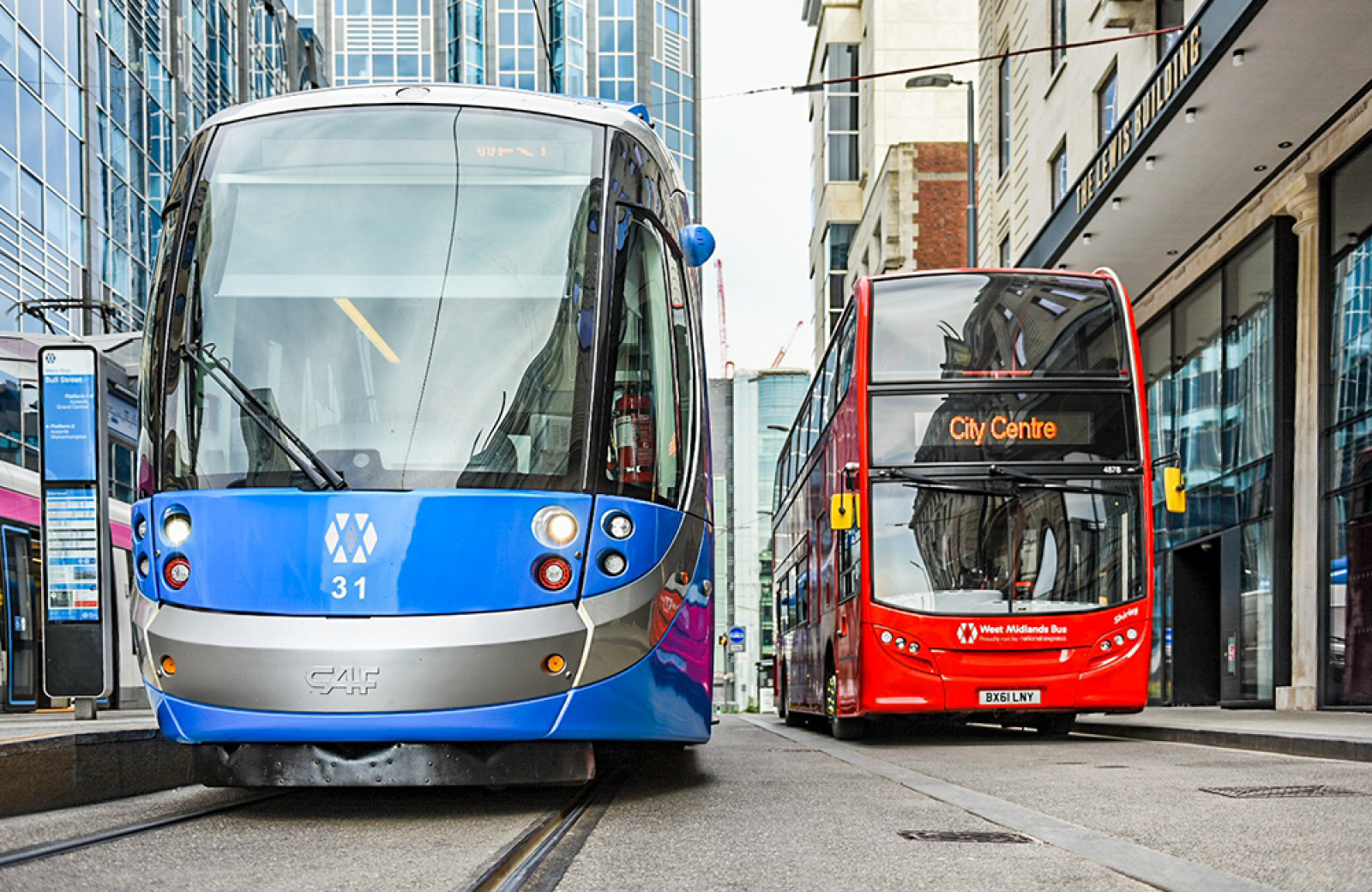 A bus and tram in the West Midlands