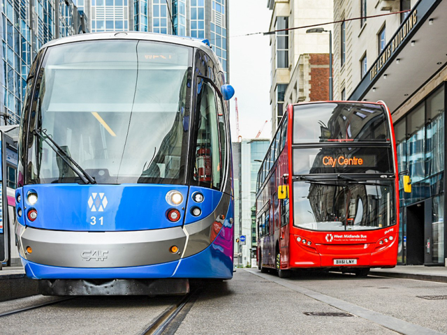 A bus and tram in the West Midlands